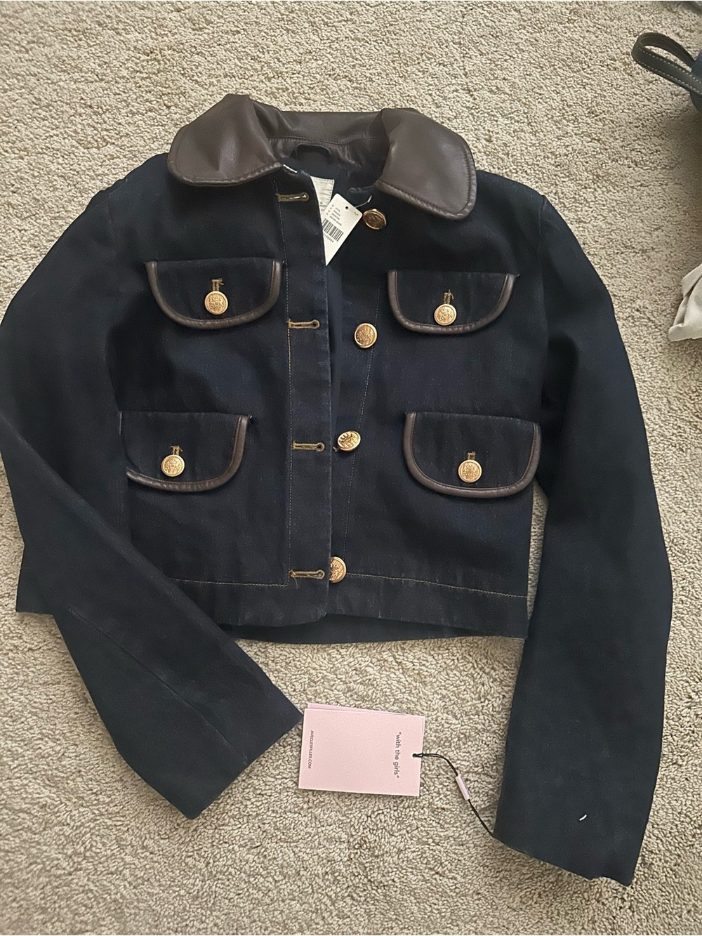 Anthropologie Black Jacket with Brown Leather Trim and Gold Buttons
